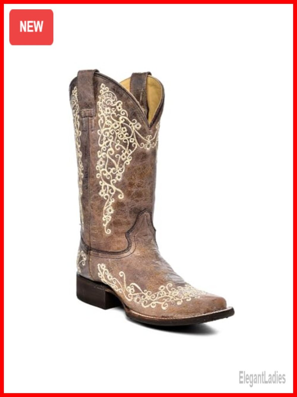 Leather Western Boots Floral Embroidery Sq Toe Pull-On Stacked Heel